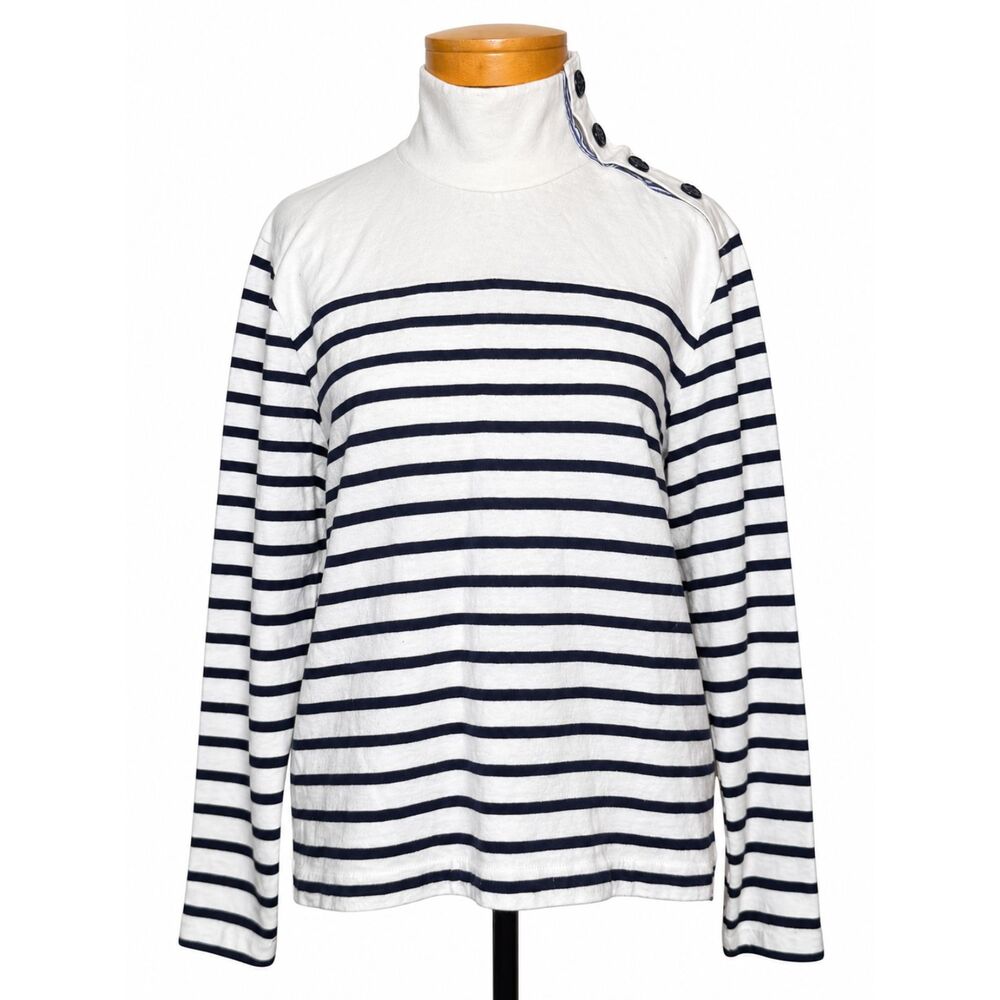 J.Crew Nautical Striped Button Shoulder Funnel Neck Pullover Top Medium Cotton